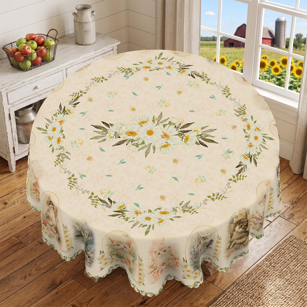 Kitten & Daisy Floral Round Tablecloth, Decorative Dining Table Cover for Kitchen, Dining & Pet Lover Home Decor - BM002-1-152R - image 5