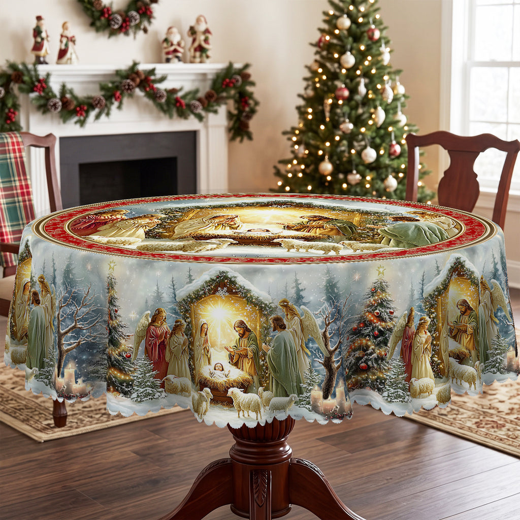 Christmas Nativity Scene Round Tablecloth, Decorative Dining Table Cover for Dining, Holiday Parties & Christmas Decor - BS037-152R - image 5