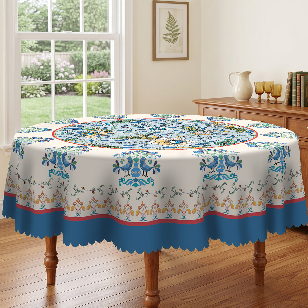 Blue Folk Floral Peacock Round Tablecloth, Decorative Dining Table Cover for Dining Room, Patio & Garden Party Decor - BH014-152R - image 5