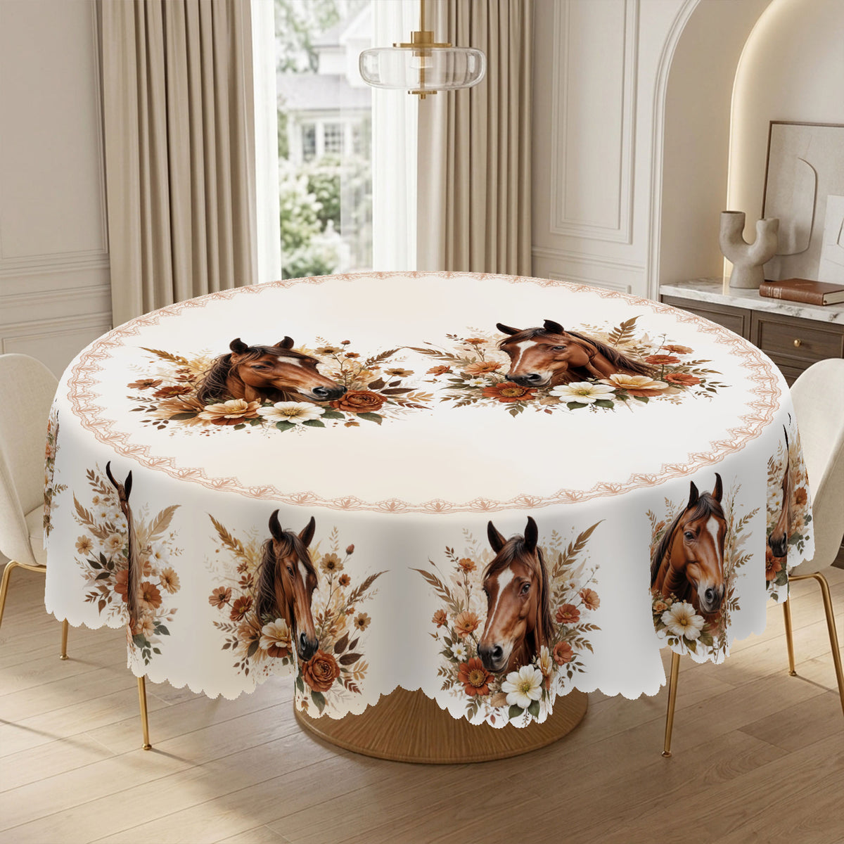 Vintage Horse & Floral Round Tablecloth, Decorative Dining Table Cover for Dining Room, Farmhouse & Country Decor - CT006-152R - image 5