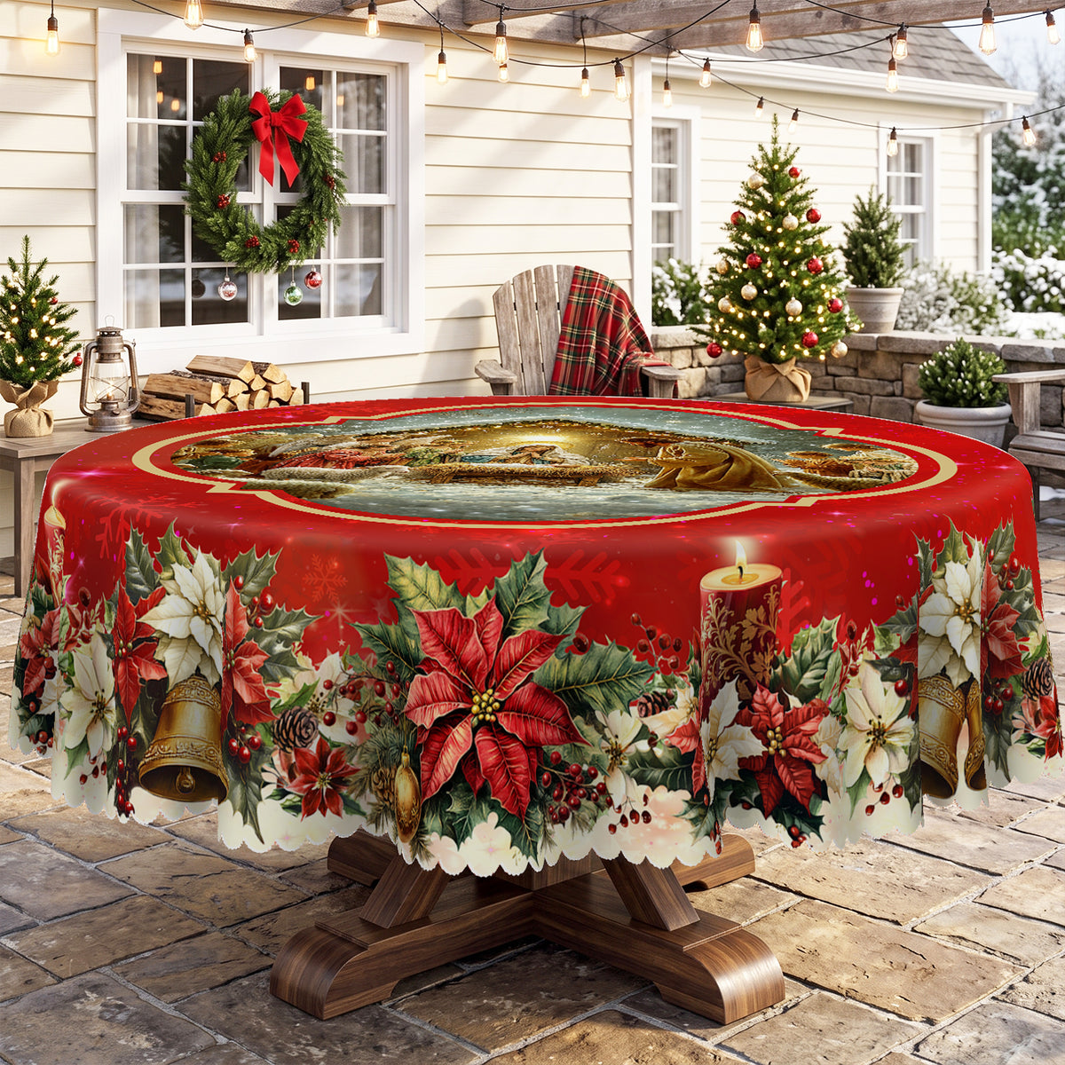 Christmas Santa Holiday Scene Round Tablecloth, Decorative Dining Table Cover for Dining, Holiday Parties & Christmas Decor - BS028-180R - image 5
