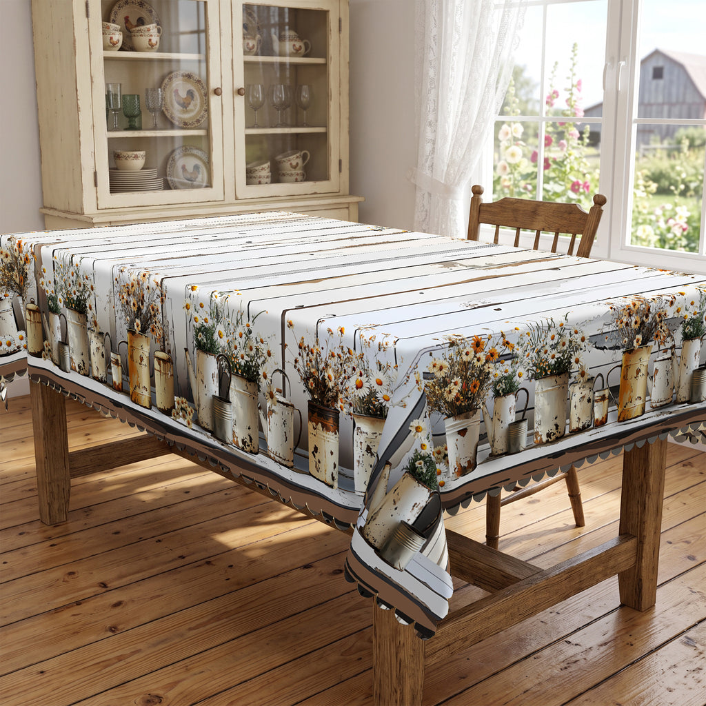 Whitewashed Wood Plank Daisy Tablecloth, Decorative Dining Table Cover for Kitchen, Dining & Farmhouse Home Decor - BN008-1-220 - image 5