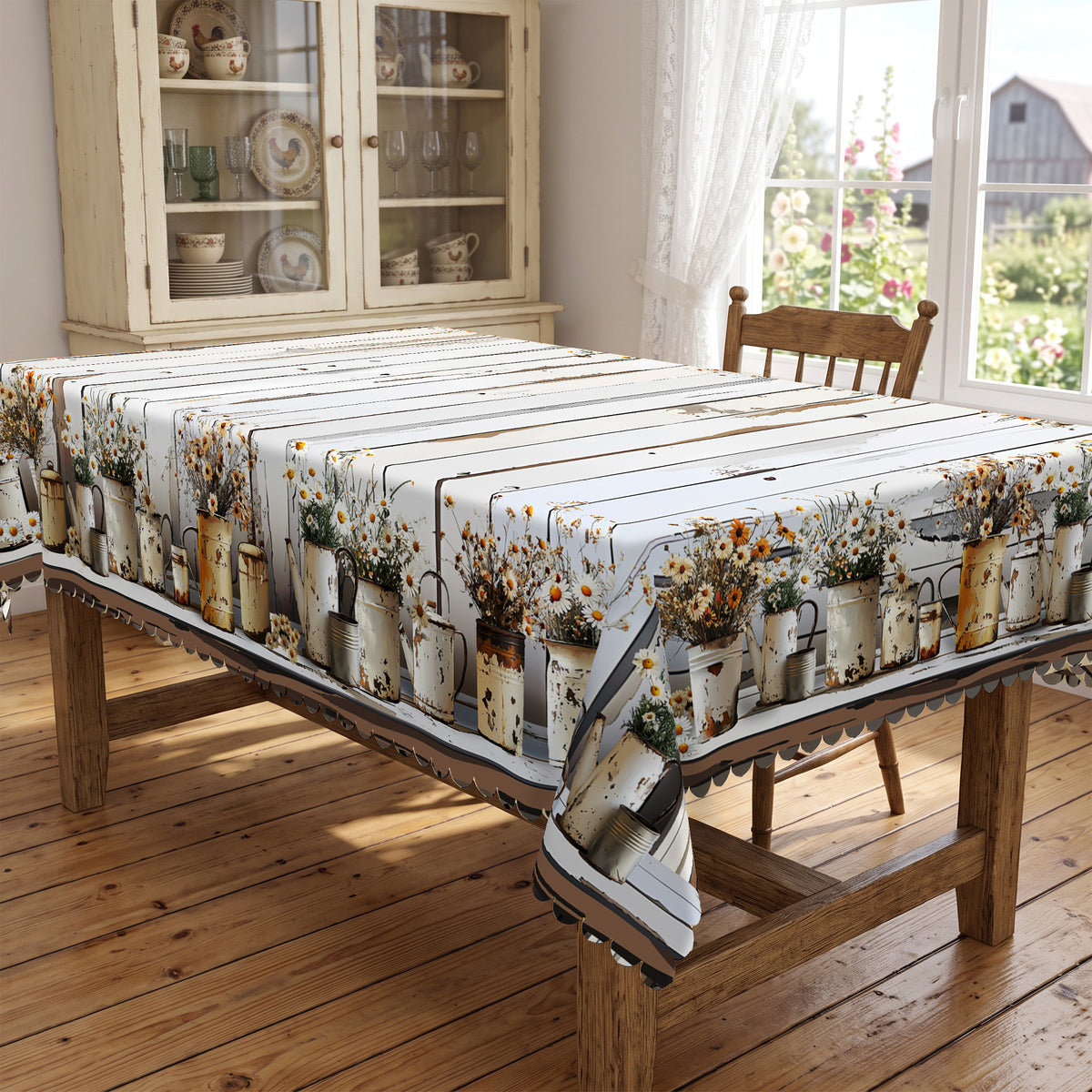 Whitewashed Wood Plank Daisy Tablecloth, Decorative Dining Table Cover for Kitchen, Dining & Farmhouse Home Decor - BN008-1-220 - image 5