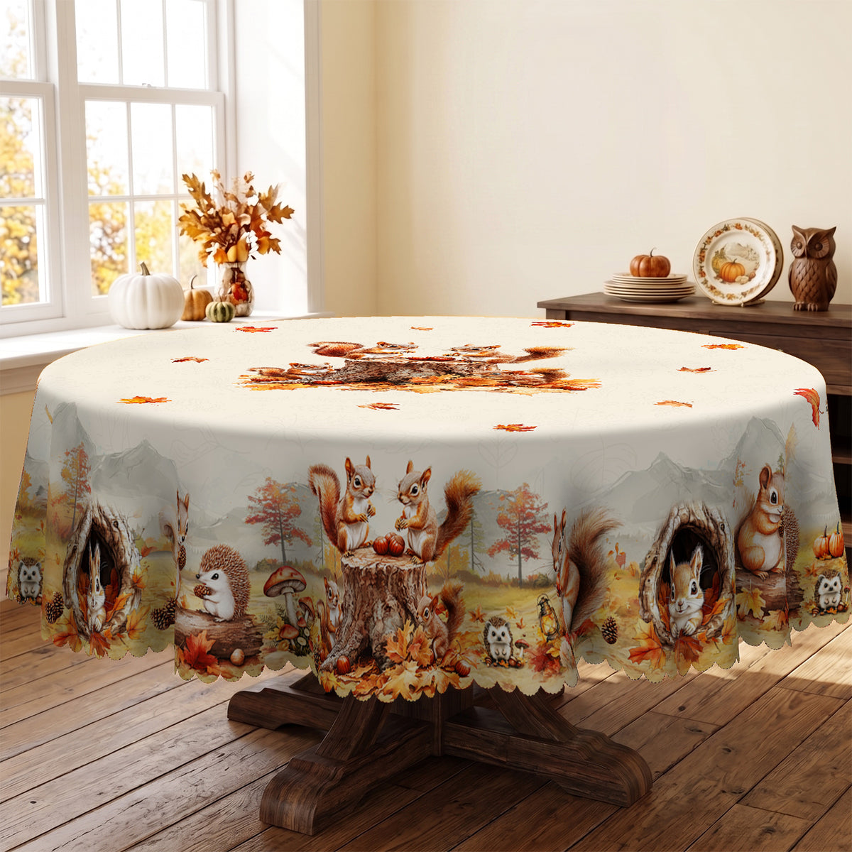 Autumn Squirrel Harvest Round Tablecloth, Decorative Dining Table Cover for Dining, Thanksgiving & Fall Home Decor - BQ015-152R - image 5