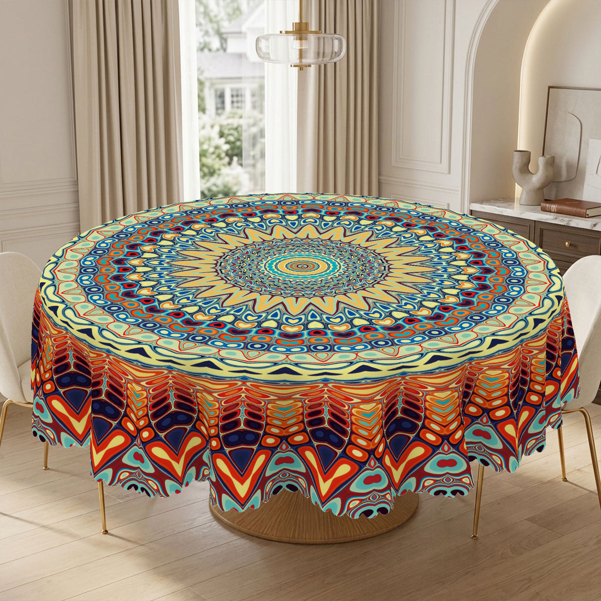 Colorful Boho Mandala Round Tablecloth, Decorative Dining Table Cover for Dining, Party, Patio & Boho Home Decor - BBX003-1-152R - image 5