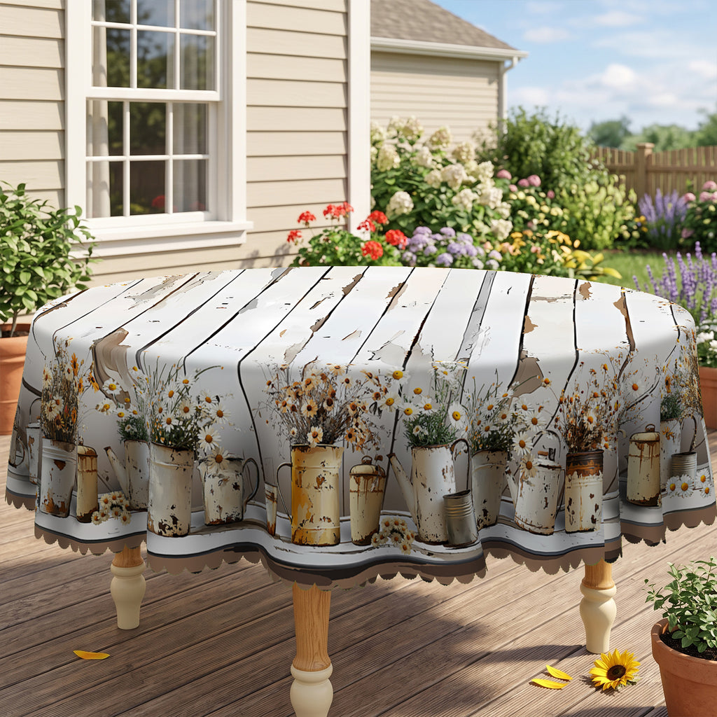 Whitewashed Wood Plank Daisy Round Tablecloth, Decorative Dining Table Cover for Kitchen, Dining & Farmhouse Home Decor - BN008-1-152R - image 5