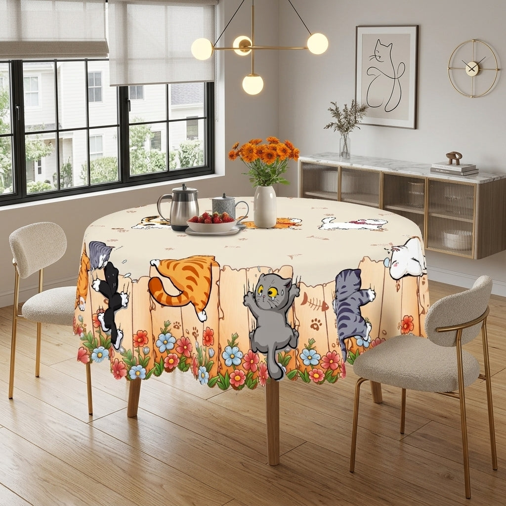 Colorful Cat & Floral Round Tablecloth, Decorative Dining Table Cover for Kitchen, Dining & Cat Lover Home Decor - M027-1-152R - image 5