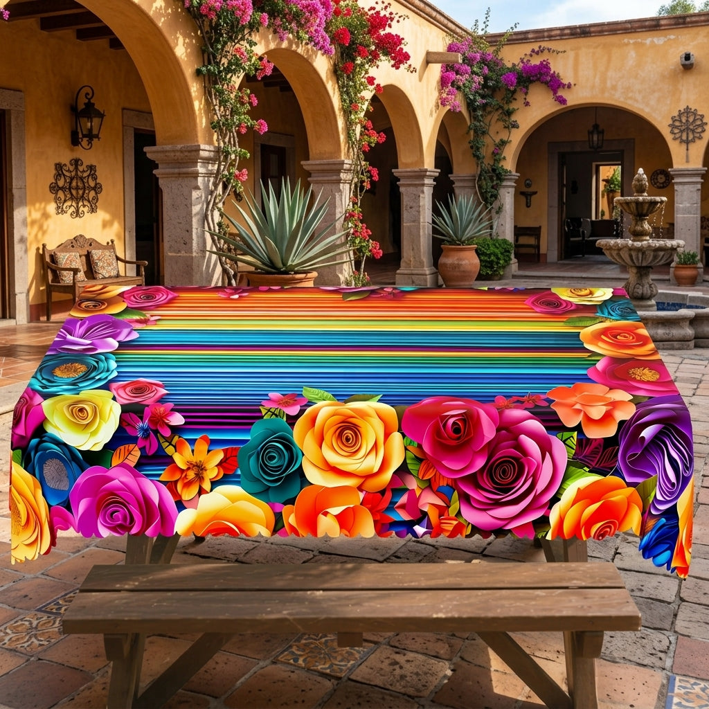 Vibrant Mexican Floral Stripe Tablecloth, Decorative Dining Table Cover for Dining, Party, Patio & Colorful Home Decor - 70-1-140 - image 5