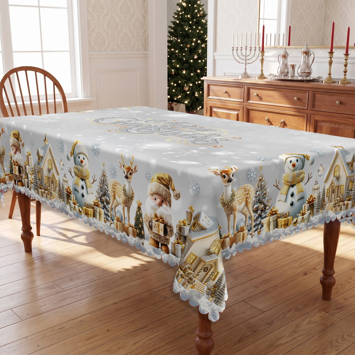 Christmas Silver Snowflake Tablecloth, Decorative Dining Table Cover for Dining, Holiday Parties & Winter Decor - BS021-220 - image 5