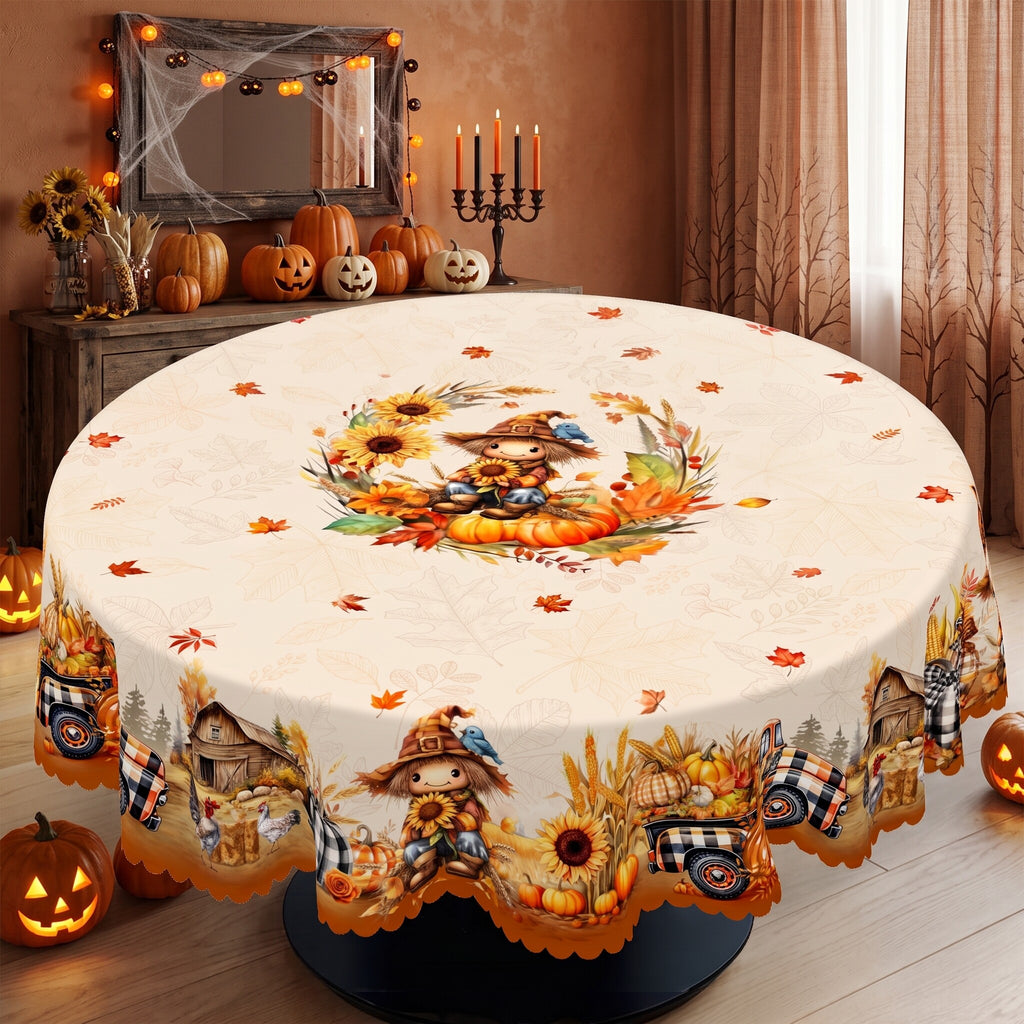 Autumn Scarecrow Harvest Round Tablecloth, Decorative Dining Table Cover for Dining, Thanksgiving & Farmhouse Fall Decor - BQ011-180R - image 5
