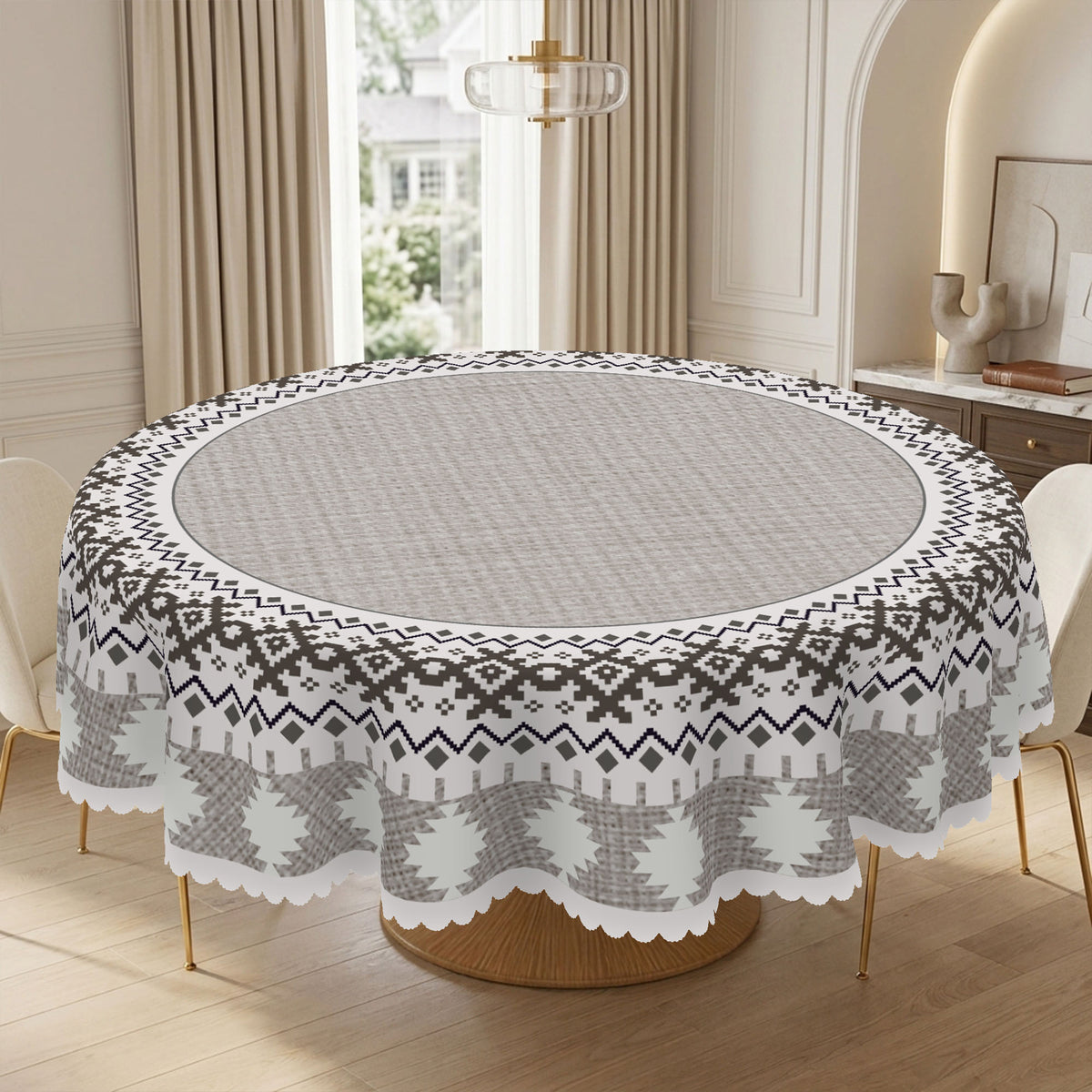 Modern Gray Geometric Round Tablecloth, Decorative Dining Table Cover for Dining Room, Kitchen & Contemporary Home Decor - JH001-152R - image 5