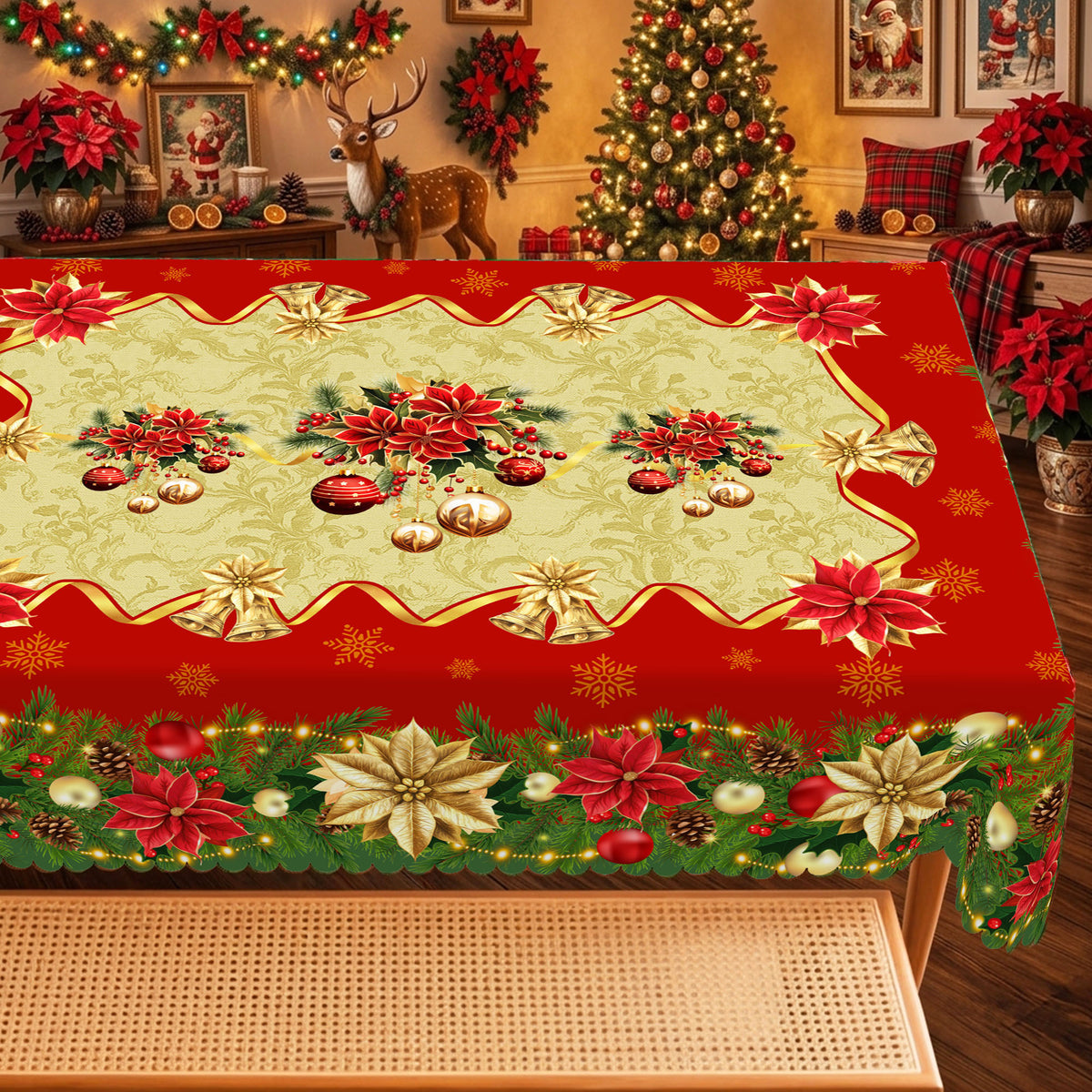 Christmas Holly & Ribbon Tablecloth, Decorative Dining Table Cover for Dining, Holiday Parties & Christmas Decor - BS038-220 - image 5