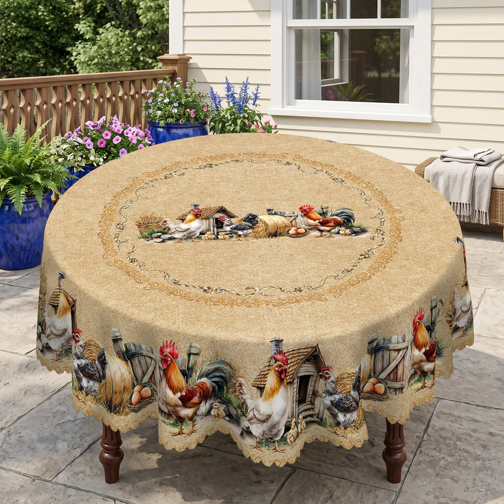 Vintage Farm Rooster Floral Round Tablecloth, Decorative Dining Table Cover for Kitchen, Dining & Farmhouse Home Decor - BN007-1-152R - image 5