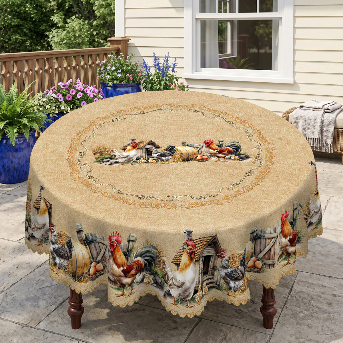 Vintage Farm Rooster Floral Round Tablecloth, Decorative Dining Table Cover for Kitchen, Dining & Farmhouse Home Decor - BN007-1-152R - image 5