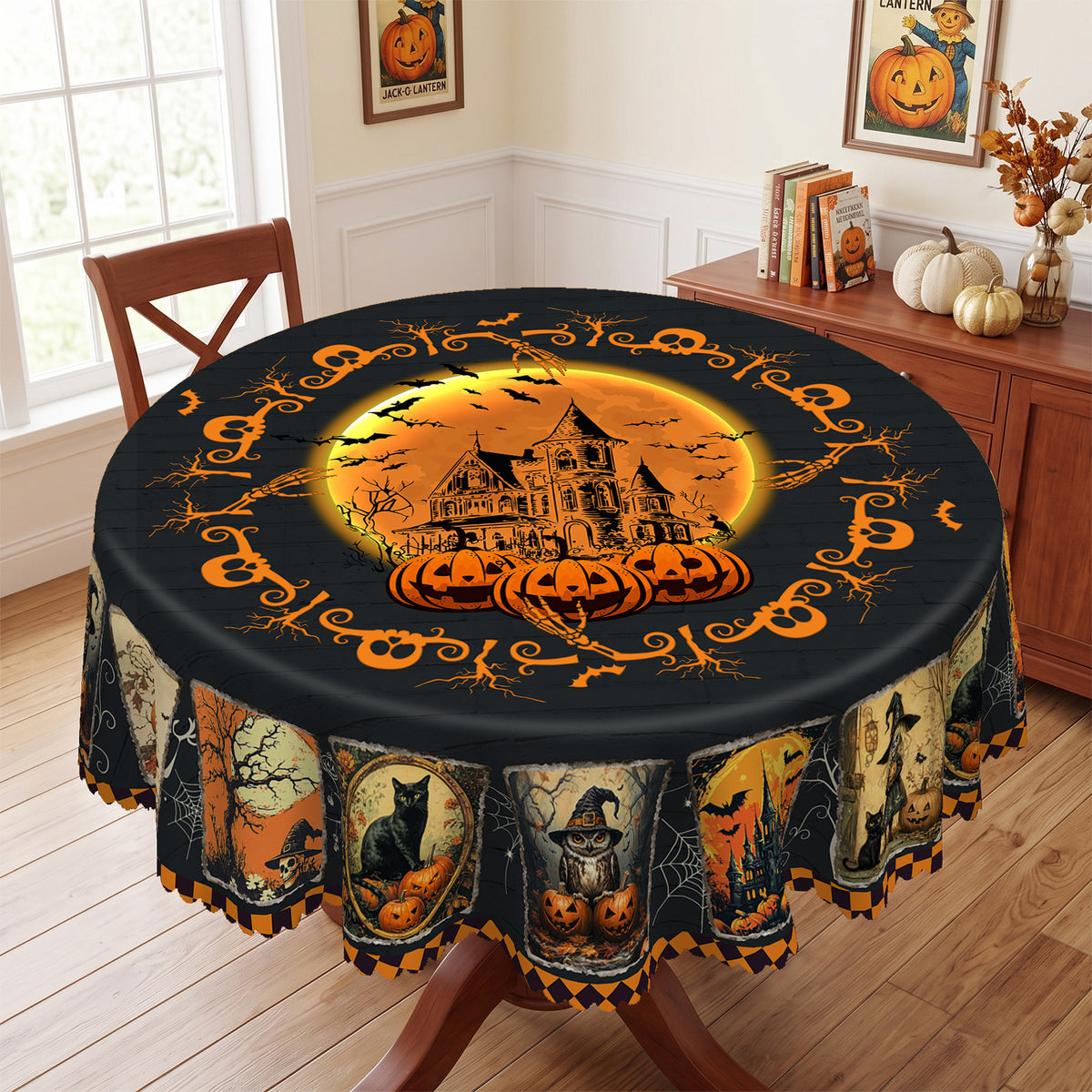 Halloween Cat & Pumpkin Round Tablecloth, Decorative Dining Table Cover for Halloween Parties, Dining & Fall Decor - BW001-180R - image 5