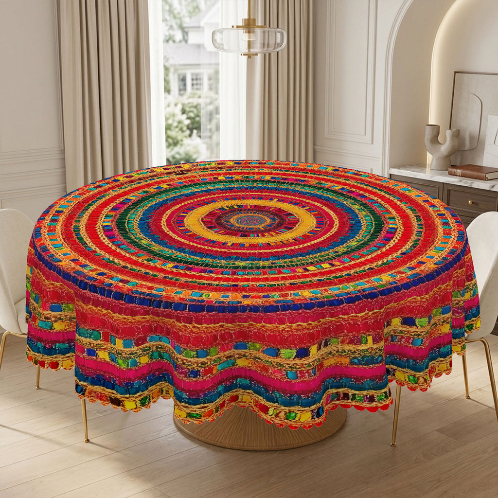 Colorful Boho Geometric Round Tablecloth, Decorative Dining Table Cover for Dining, Party, Patio & Boho Home Decor - BX010-1-152R - image 5
