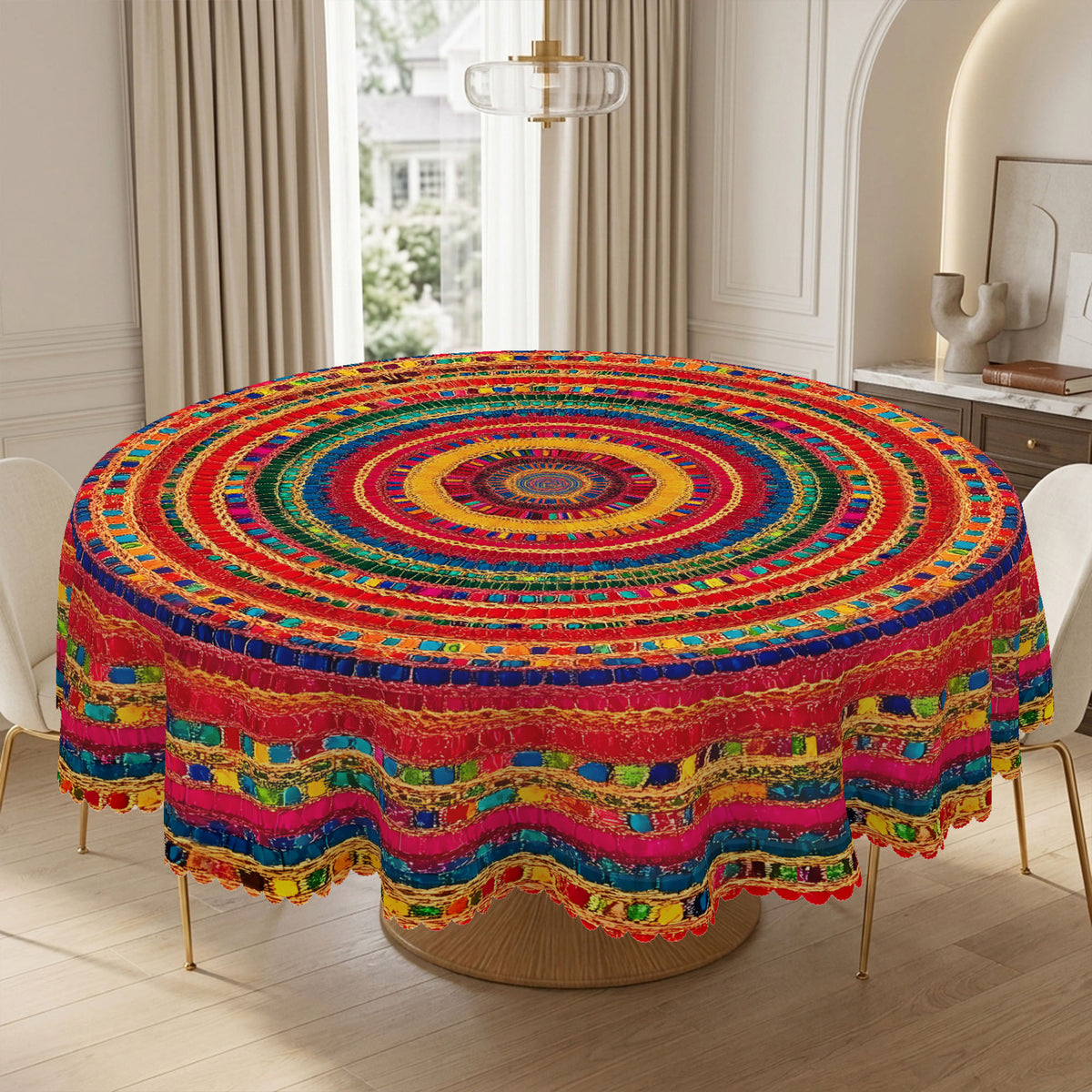 Colorful Boho Geometric Round Tablecloth, Decorative Dining Table Cover for Dining, Party, Patio & Boho Home Decor - BX010-1-152R - image 5