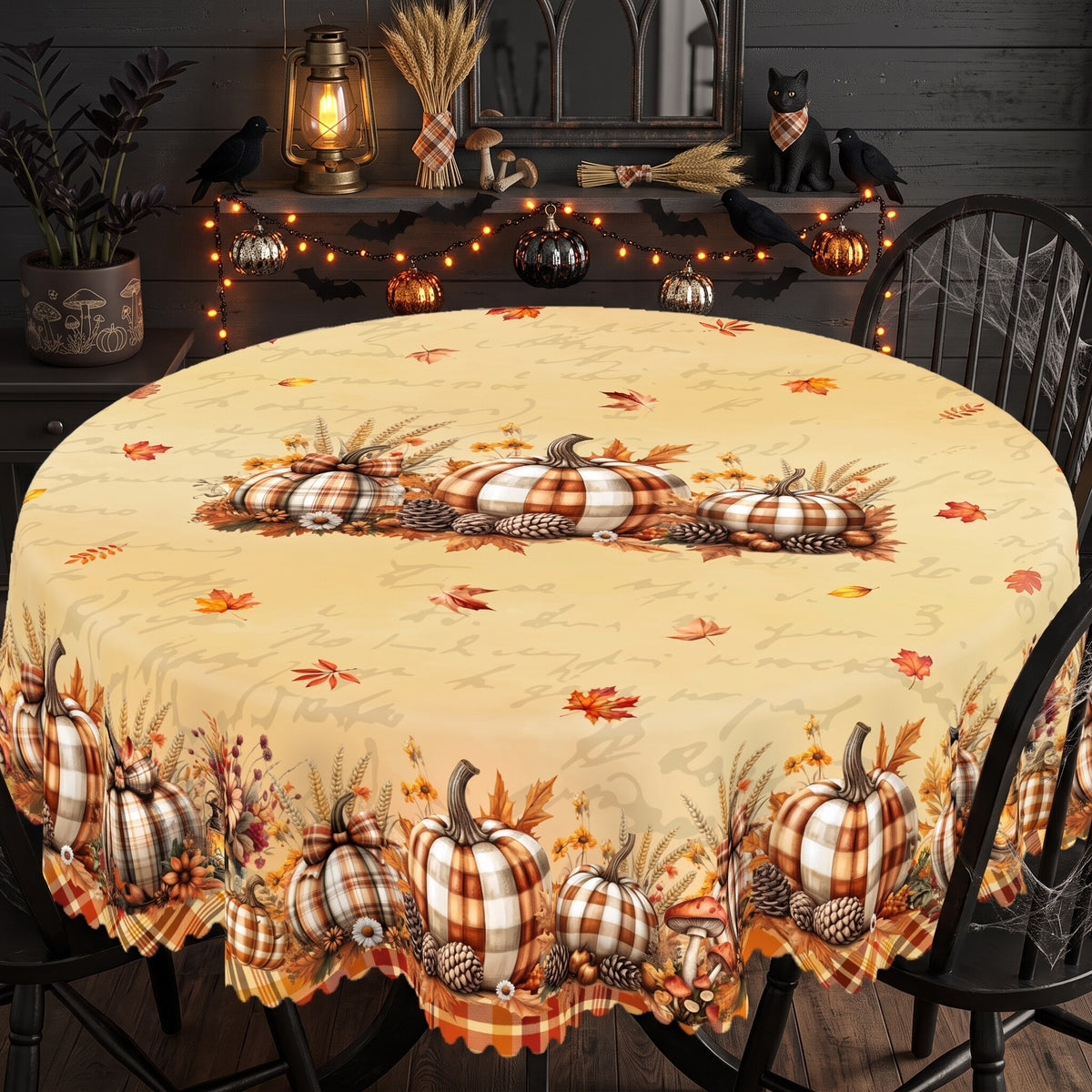 Plaid Pumpkin Harvest Round Tablecloth, Decorative Dining Table Cover for Dining, Thanksgiving & Farmhouse Fall Decor - BQ006-180R - image 5