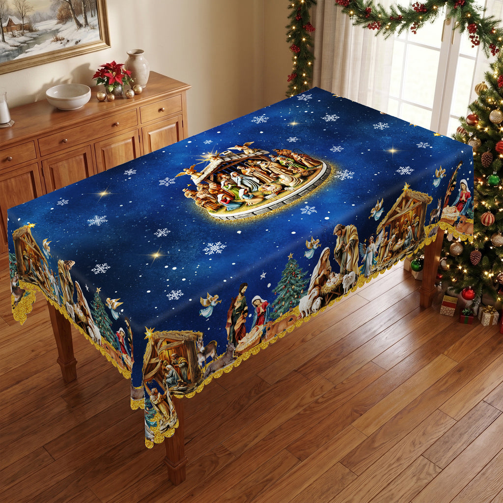 Blue Starry Nativity Tablecloth, Decorative Dining Table Cover for Dining, Holiday Parties & Christmas Decor - BS042-220 - image 5