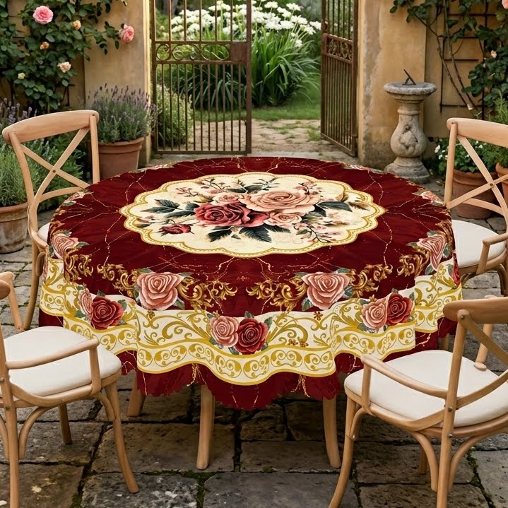 Burgundy Rose Baroque Round Tablecloth, Decorative Dining Table Cover for Dining Room, Wedding, Party & Vintage Home Decor - H006-1-152R - image 5