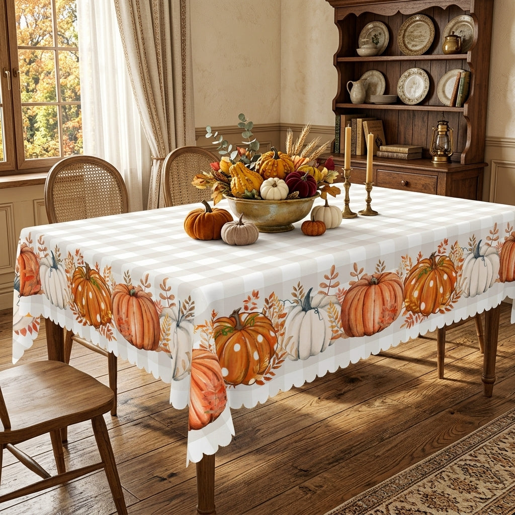 Fall Pumpkin Gingham Tablecloth, Decorative Dining Table Cover for Thanksgiving, Fall Dining & Farmhouse Decor - BQ001-220 - image 5