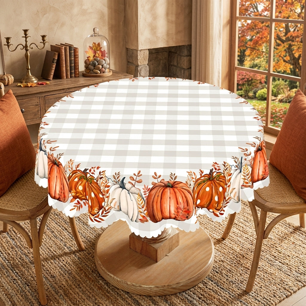 Fall Pumpkin Gingham Round Tablecloth, Decorative Dining Table Cover for Thanksgiving, Fall Dining & Farmhouse Decor - BQ001-152R - image 5