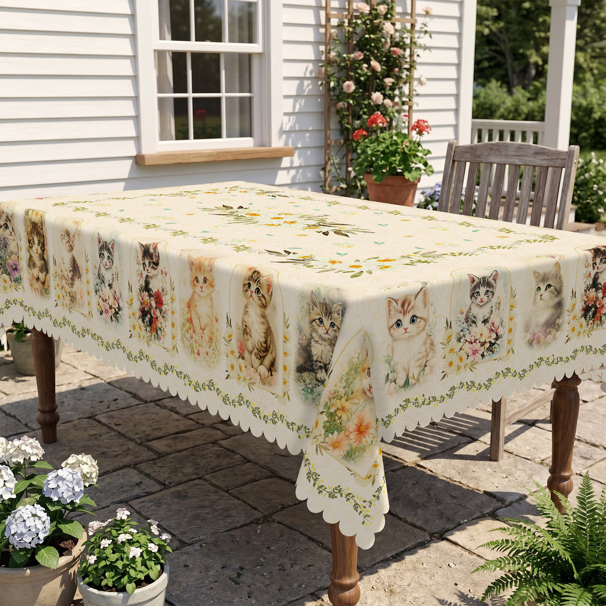 Kitten & Daisy Floral Tablecloth, Decorative Dining Table Cover for Kitchen, Dining & Pet Lover Home Decor - BM002-220 - image 5