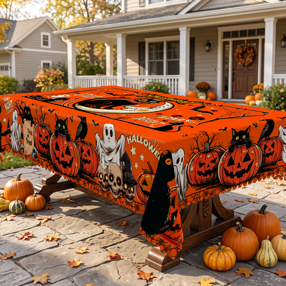 Halloween Pumpkin & Cat Tablecloth, Decorative Dining Table Cover for Halloween Parties, Dining & Fall Decor - BW007-140 - image 5