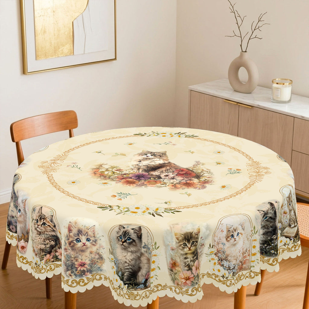 Vintage Cat Cameo Floral Round Tablecloth, Decorative Dining Table Cover for Kitchen, Dining & Pet Lover Home Decor - BM004-152R - image 5