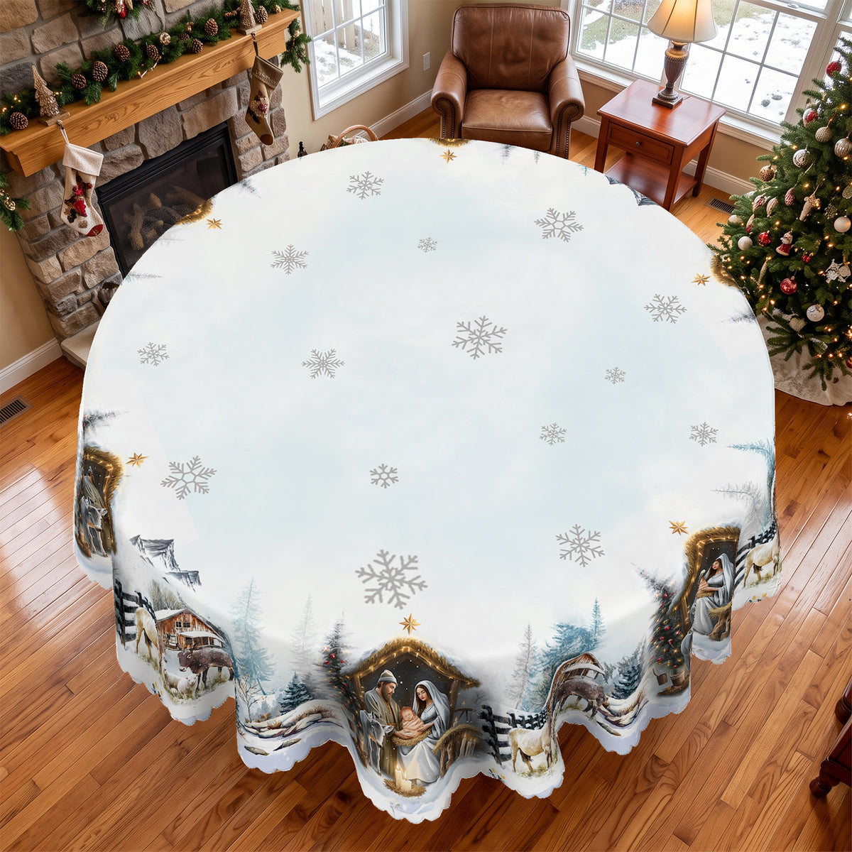 Christmas Winter Village Round Tablecloth, Decorative Dining Table Cover for Dining, Holiday Parties & Christmas Decor - BS016-152R - image 5