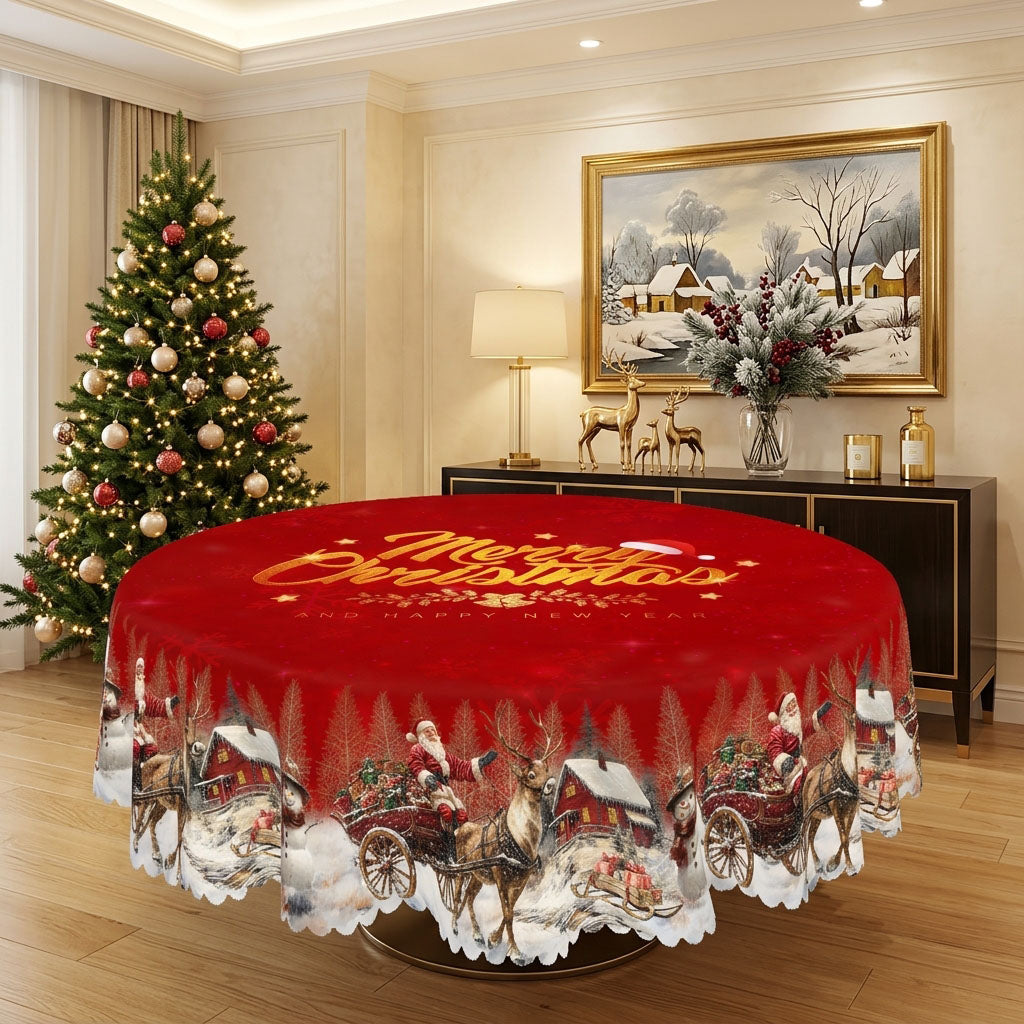 Merry Christmas Red Round Tablecloth, Decorative Dining Table Cover for Dining, Holiday Parties & Christmas Decor - BS036-180 - image 5