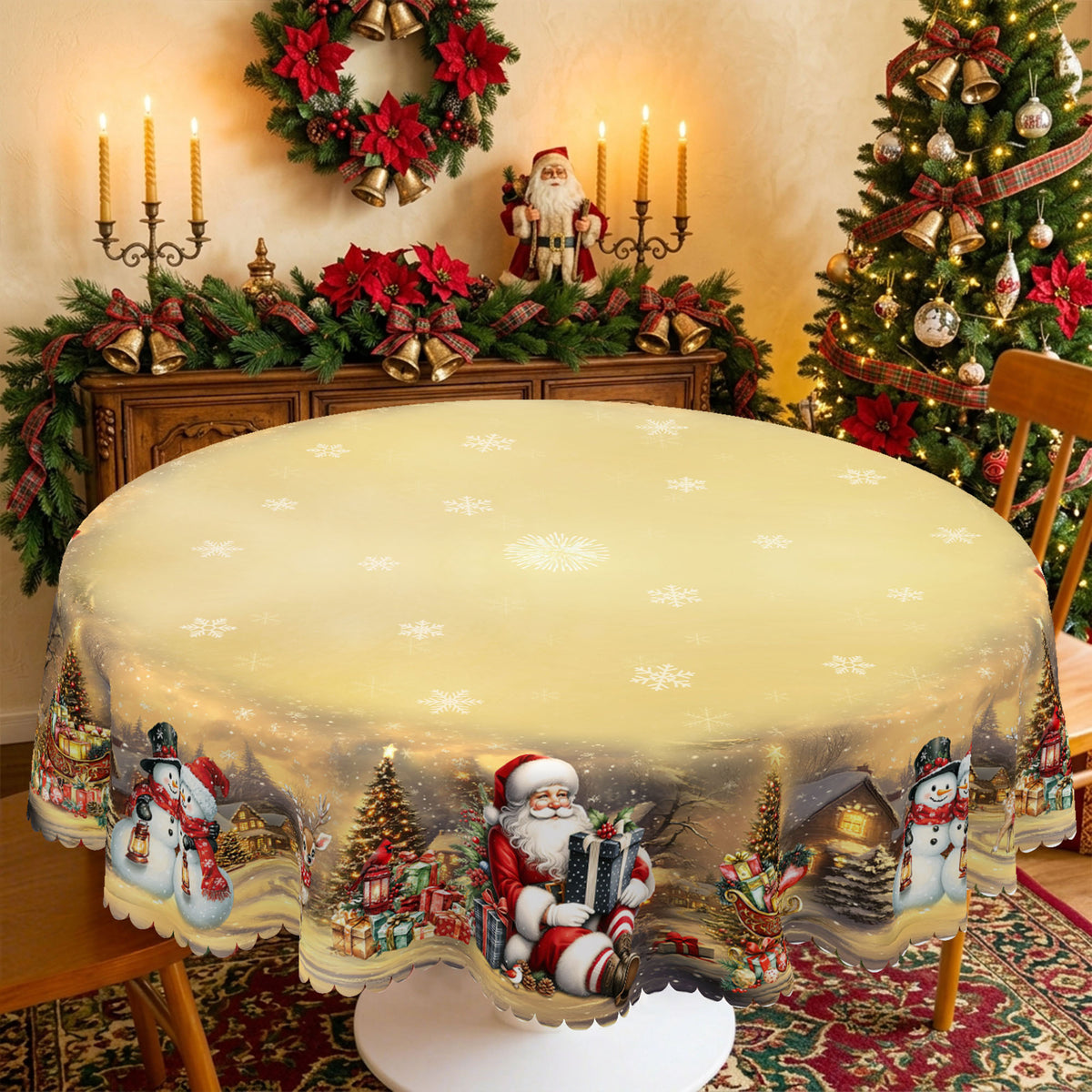 Christmas Village & Santa Round Tablecloth, Decorative Dining Table Cover for Dining, Holiday Parties & Christmas Decor - BS027-152R - image 5