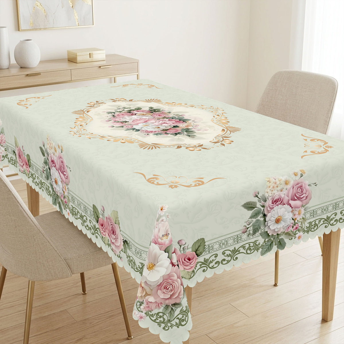 Vintage Pink Rose Floral Tablecloth, Decorative Dining Table Cover for Dining Room, Kitchen & Elegant Home Decor - H074-220 - image 5