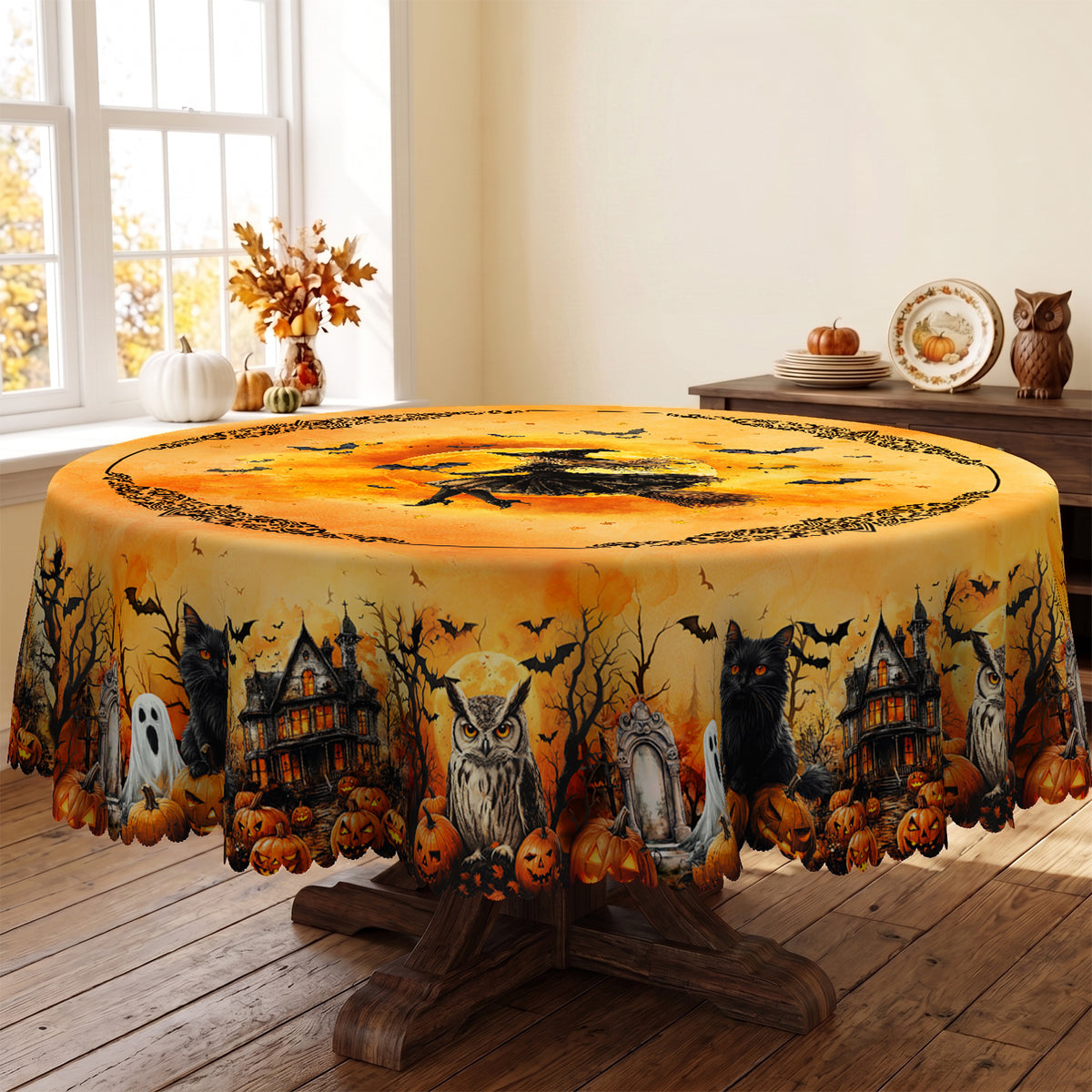 Halloween Pumpkin & Bats Round Tablecloth, Decorative Dining Table Cover for Halloween Parties, Dining & Fall Decor - BW002-152R - image 5