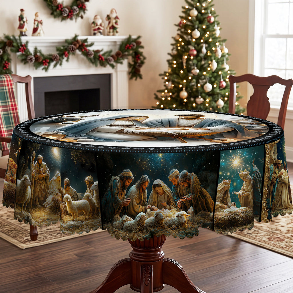 Christmas Nativity Scene Round Tablecloth, Decorative Dining Table Cover for Dining, Holiday Parties & Christmas Decor - SJ063-152R - image 5