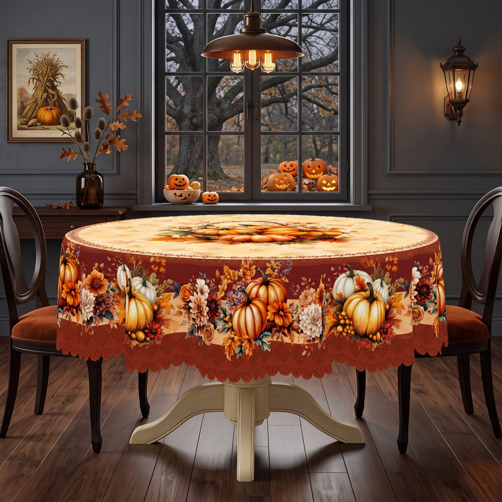 Pumpkin Harvest Border Round Tablecloth, Decorative Dining Table Cover for Dining, Thanksgiving & Farmhouse Fall Decor - BQ017-180R - image 5