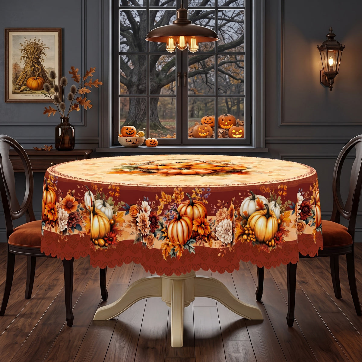 Pumpkin Harvest Border Round Tablecloth, Decorative Dining Table Cover for Dining, Thanksgiving & Farmhouse Fall Decor - BQ017-180R - image 5