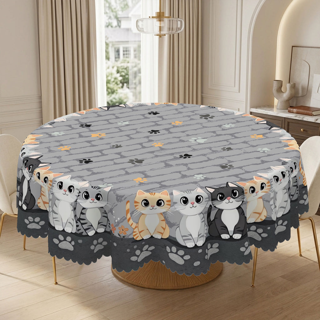 Gray Cat & Floral Round Tablecloth, Decorative Dining Table Cover for Kitchen, Dining & Cat Lover Home Decor - BM003-152R - image 5