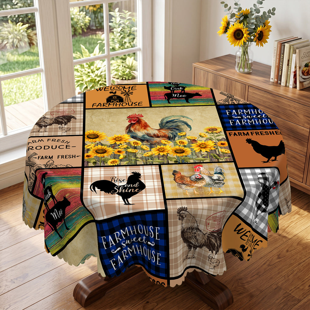 Farm Rooster Patchwork Round Tablecloth, Decorative Dining Table Cover for Kitchen, Dining & Farmhouse Home Decor - N58-1-152R - image 5