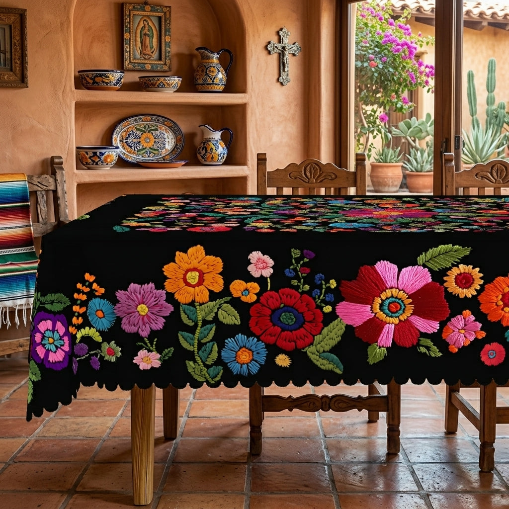 Black Mexican Floral Tablecloth, Decorative Dining Table Cover for Dining, Party & Boho Home Decor - BH015-1-140 - image 5