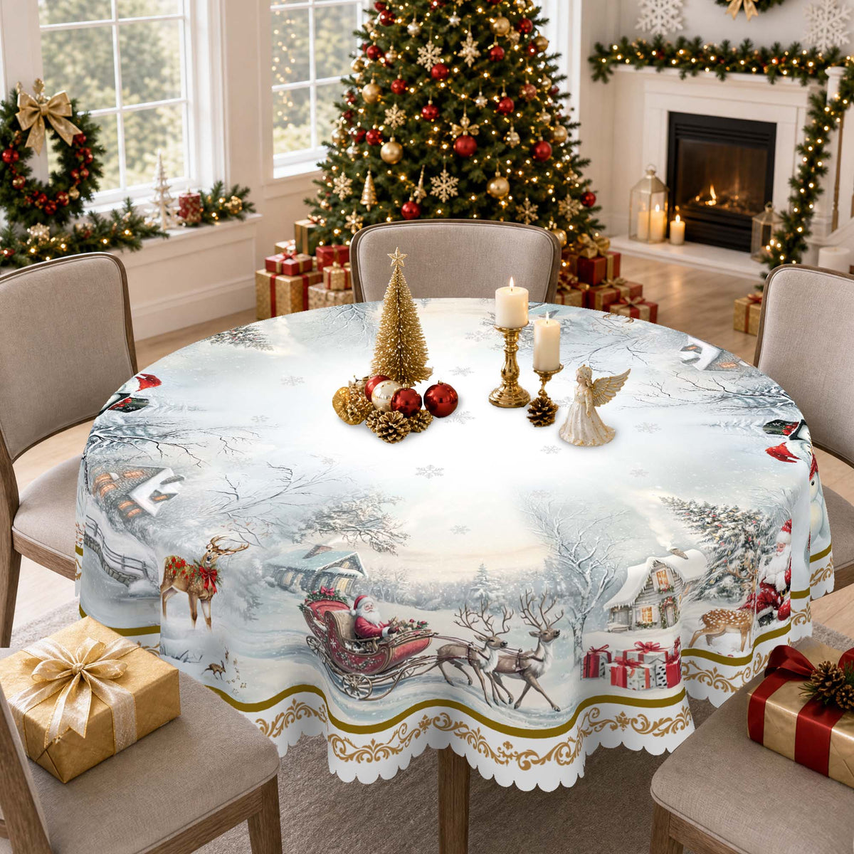 Janvonne Christmas Round Table cloths, 60 inch Vintage Santa Snowman Wreath Table Cover for Indoor Outdoor Party Dining Decor, Christmas Gift