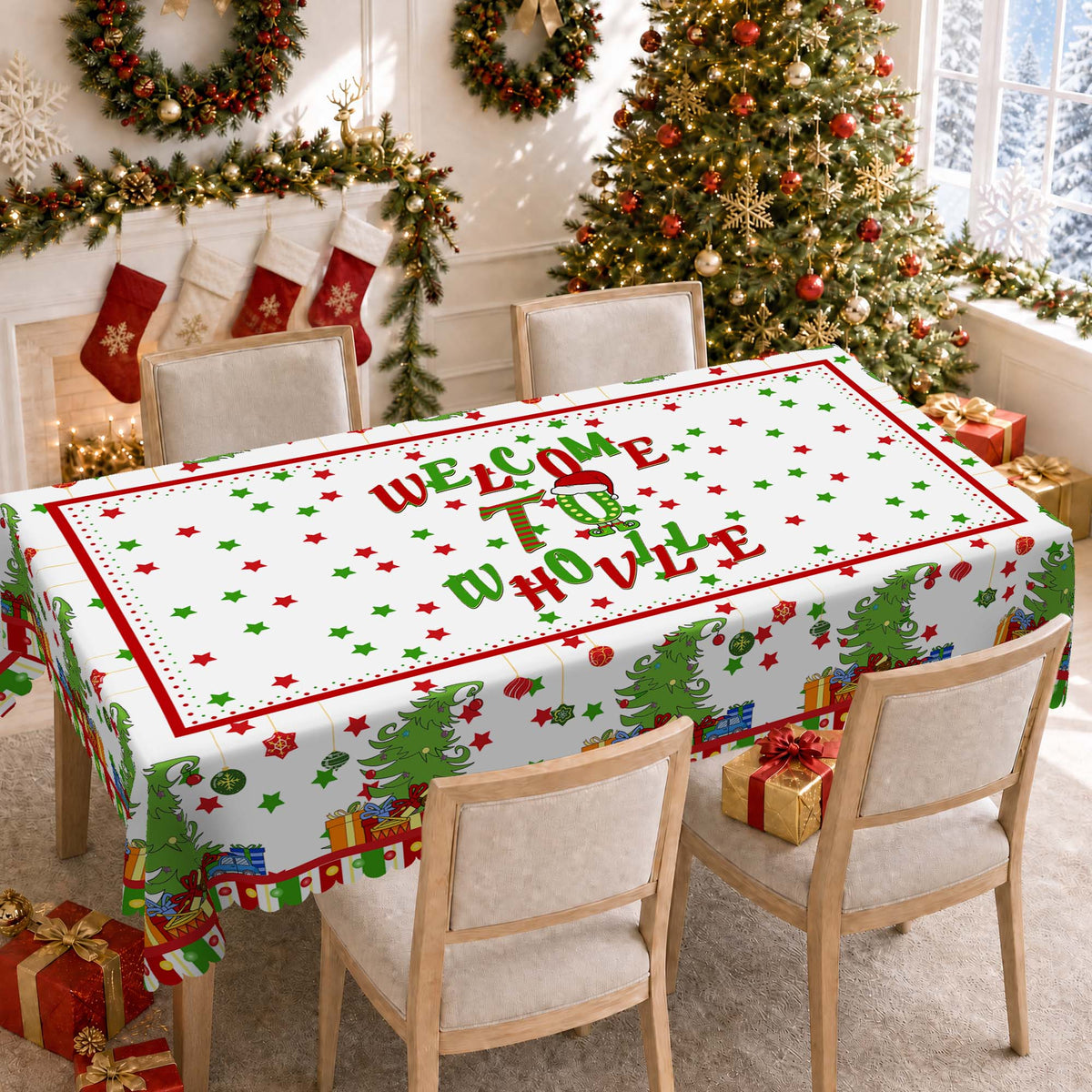 Janvonne Christmas Round Table cloths, 60 inch Vintage Santa Snowman Wreath Table Cover for Indoor Outdoor Party Dining Decor, Christmas Gift