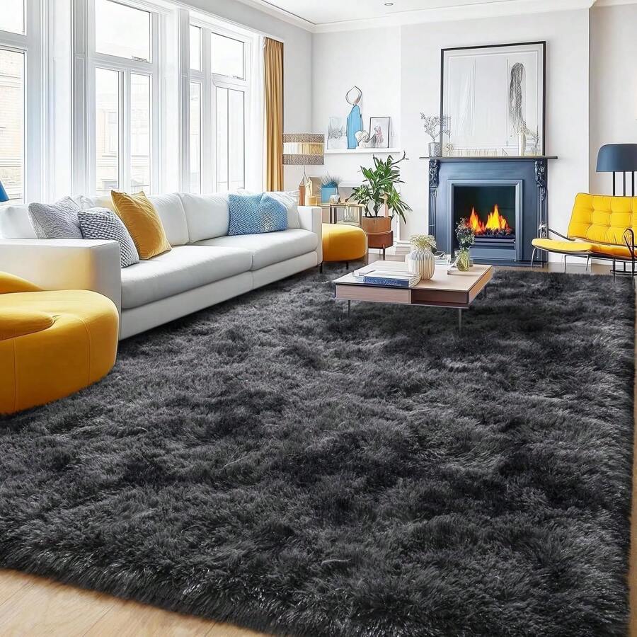 Area Rugs For Living Room, White Fluffy Shaggy Rug Soft Carpets, Big Rugs For Bedroom Dorm Home Decor Aesthetic Black