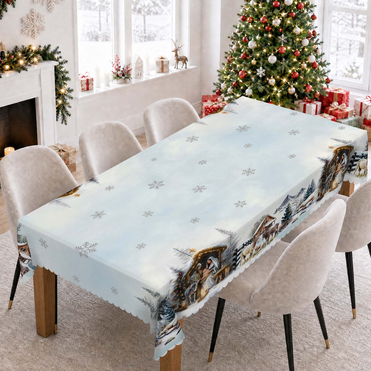 Janvonne Christmas Round Table cloths, 60 inch Vintage Santa Snowman Wreath Table Cover for Indoor Outdoor Party Dining Decor, Christmas Gift